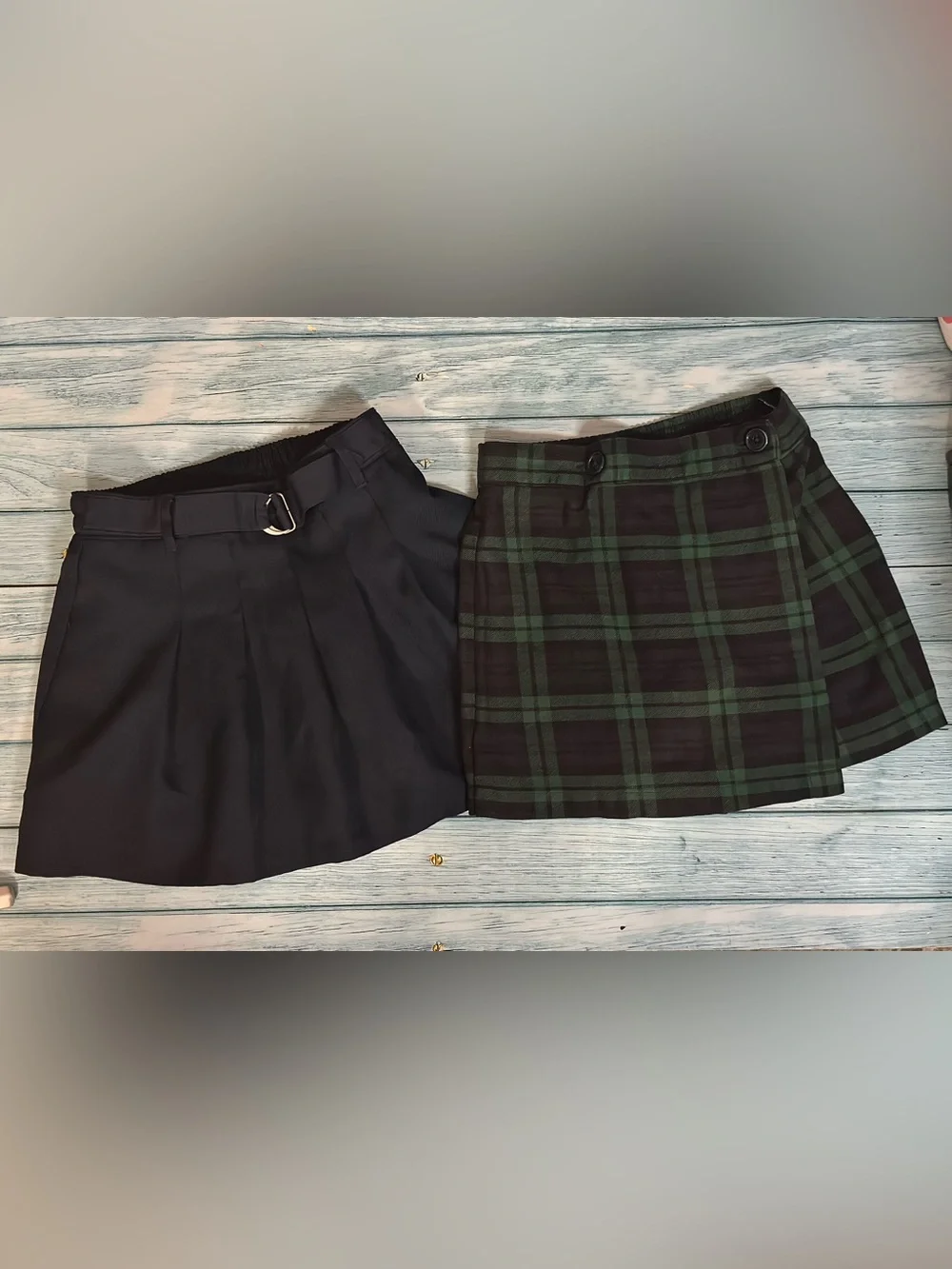 Two Pleated Mini Skirt Skorts School Uniform Navy & Green Plaid Wrap Skirt